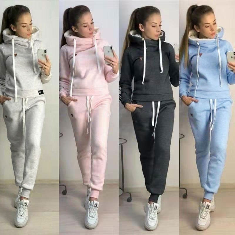 Autumn Winter 2 Piece Set Tracksuit Women Sportwear Fleece Hoodies Pullover Sweatshirts Baggy Trousers Jogger Pants Warm Outfits