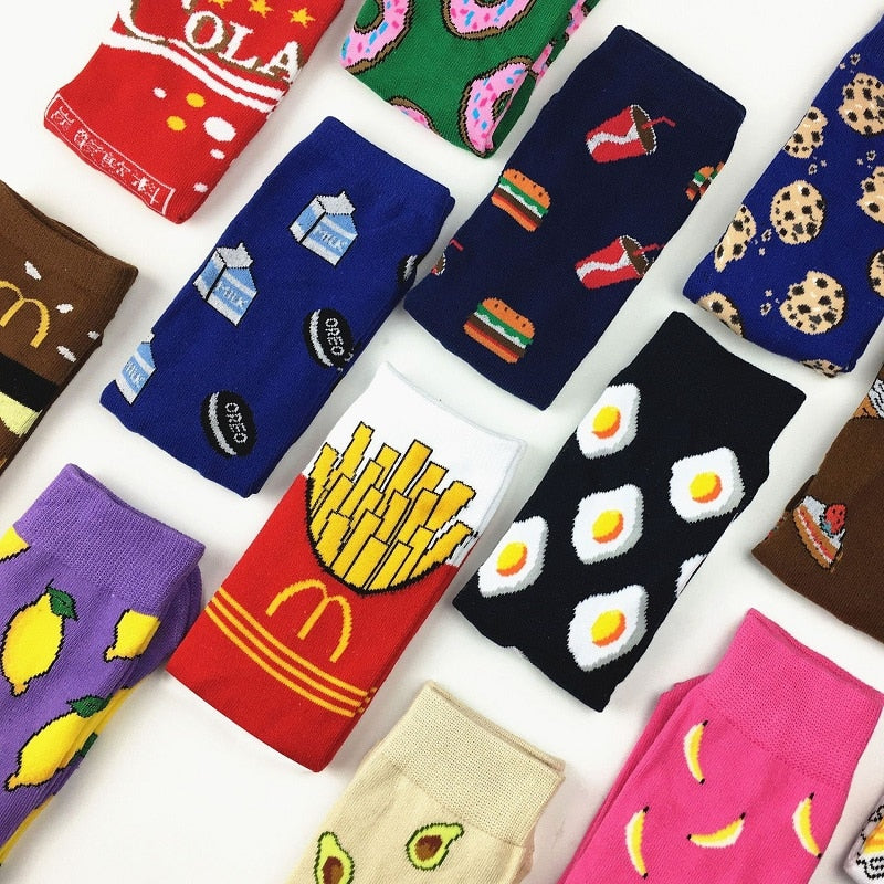 Colorful Women's Socks Woman's Cotton Socks Fruits Banana Avocado Lemon Egg Cookie Donuts Food Happy Color Sox Harajuku Socks