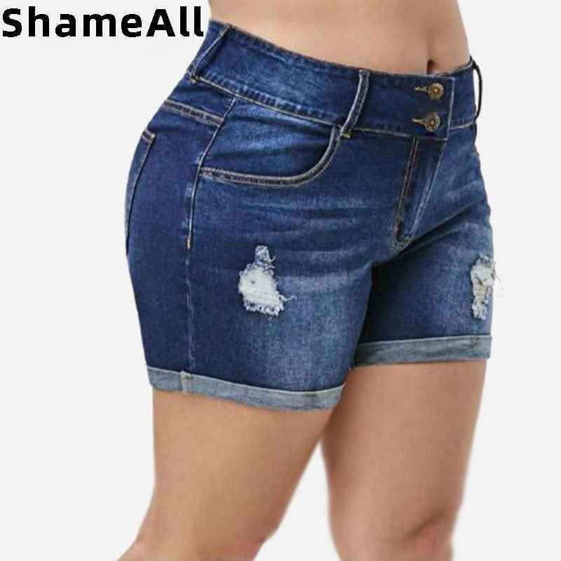 Plus Size Streetwear Push Up Slim Hip Cuffed Short Jeans Summer Women Ripped Casual Denim Shorts